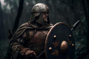 AI generated Legionary warrior battle holding shield and sword. Generate ai photo