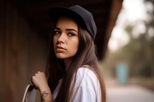AI generated Pretty brunette female adolescent wearing cap with skateboard. Generate ai photo