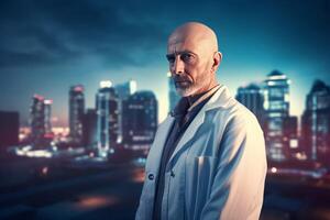 AI generated Bald headed doctor on night cityscape backdrop. Generate ai photo