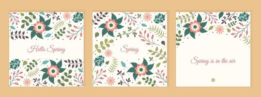 Hello Spring Floral square posters. Social media Springtime post templates. Set of postcards with leaves, flowers and text in pastel colors. Minimalistic style Greeting card with botanical elements. vector