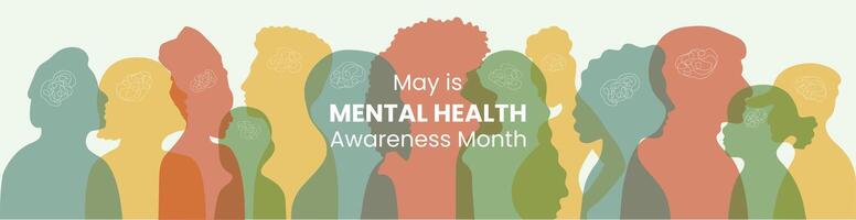 May is Mental Health Awareness month Banner. Horizontal design with man, women, children, old people silhouette in flat style. Informing about importance of good state of mind. Well-being presentation vector