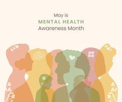 May is Mental Health Awareness month Banner. Informing, reminding about importance of good state of mind. Psychological well-being presentation. Minimalist design with people silhouette in flat style. vector