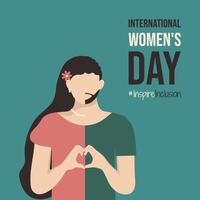 Poster Inspire Inclusion International Women's Day 2024. Person fold her hands with heart for IWD postcard. Minimalist greeting card with InspireInclusion and girl identify as he she they. vector