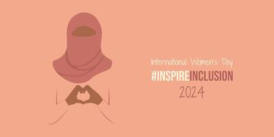 árabe niña en hijab en internacional De las mujeres día 2024 bandera. iwd inspirarinclusión horizontal diseño con sin rostro mujer vestir bufanda en cabeza y muestra corazón forma. inspirar inclusión social campaña. vector