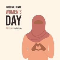 International Women's Day 2024 poster with Arab girl in hijab. Inspire Inclusion social campaign postcard. IWD InspireInclusion greeting Card Faceless woman wear scarf on head and shows Heart Shape. vector