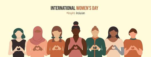 Diverse women on InspireInclusion International Women's Day banner. Inspire Inclusion slogan on IWD 2024. Girls of different ages, religions and skin colors heart-shaped hands stand together. vector