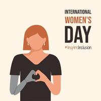 inspirarinclusión internacional De las mujeres día con niña con prótesis o invalidez póster. mujer doblez su biónico mecanismo manos como corazón iwd 2024. minimalista ilustración con inspirar inclusión vector