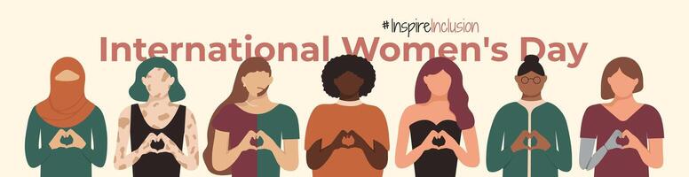 inspirar inclusión 2024 internacional De las mujeres día bandera. diversidad muchachas con prótesis y vitíligo, ella él ellos identificar iwd. multirracial multitud de desactivado, diferente cifra, años inclusión desigual. vector