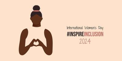Inspire Inclusion 2024 banner with attractive Black Woman. International Women's Day InspireInclusion slogan. Girl with heart-shaped hands. Happy spring holiday IWD 8 March with social campaign sign. vector