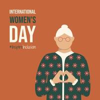Old lady on International Women's Day 2024 postcard. Woman shows Heart Shape with hands on spring IWD InspireInclusion poster. Minimalistic card of active aging on Inspire Inclusion social campaign. vector