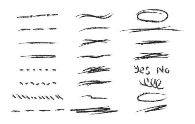 Marker pen underline and strikethrough strokes for Note book. Hand drawn collection of different diary scribble lines and elements. Swift crossed and wavy highlight markers for scribbling pad.