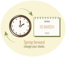 Spring forward 2024 10 March minimalist banner with Calendar and alarm. Daylight Saving Time begins simple design. Summer set clocks ahead hour. DST starts in USA reminder flat vector illustration.