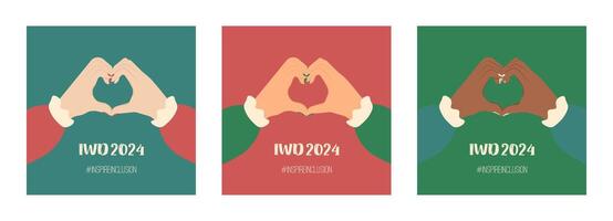 Greeting card for International Women's Day 2024 with slogan InspireInclusion. IWD square design with hands show Heart Shape. Postcard for subject of social campaign Inspire inclusion in 8 March. vector