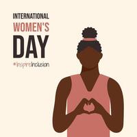 Black Woman on Inspire Inclusion 2024 poster. International Women's Day InspireInclusion slogan. Girl with heart-shaped hands. Happy spring holiday IWD 8 March with social campaign sign greeting card. vector