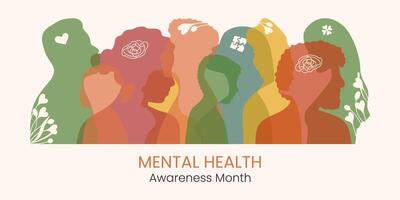 Diversity people Mental Health Awareness month Banner in May. Horizontal design with person silhouette. Psychological well-being presentation. Reminding about importance of good state of Mind. vector