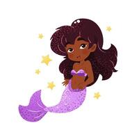 linda dibujos animados pequeño sirena. vector ilustración en plano estilo. gráfico diseño para niños, fondos de pantalla, carteles, saludo tarjetas, huellas dactilares. mágico criatura.