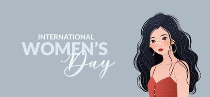 internacional De las mujeres día. 8 marzo. inspirar inclusión. bandera con hermosa mujer con largo cabello. moderno vector diseño en gris antecedentes con texto para póster, campaña, social medios de comunicación correo.