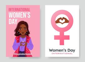 Inspireinclusion. 2024 International Women's Day vertical banners set. Cartoon woman showing sign of heart. Female sign of Venus. Design for poster, campaign, social media post. Vector illustration.