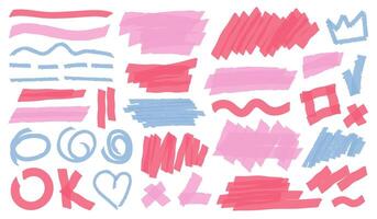 Highlight brush lines, shapes, elements. Big set of hand draw isolated vector objects on white background. Multicolored doodle strokes. Acid highlighters marker stripes, underlines for any use.