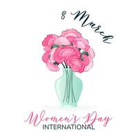 International Women's Day. 8 March. Banner, postcard with isolated bouquet of carnations in vase. Flowers on white background. Modern vertical vector design for poster, campaign, social media post.