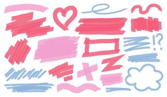 Highlight brush lines, shapes, elements. Big set of hand draw isolated vector objects on white background. Multicolored doodle strokes. Acid highlighters marker stripes, underlines for any use.