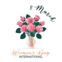 International Women's Day. 8 March. Banner, postcard with isolated bouquet of roses in vase. Flowers on white background. Modern vector design for poster, campaign, social media post.