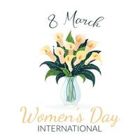 International Women's Day. 8 March. Banner, postcard with isolated bouquet of calla lilies in vase. Flowers on white background. Modern vertical vector design for poster, campaign, social media post.