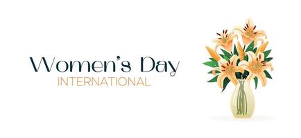 International Women's Day. 8 March. Banner, postcard with isolated bouquet of lilies in vase. Flowers on white background. Modern horizontal vector design for poster, campaign, social media post.