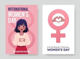 Inspireinclusion. 2024 International Women's Day vertical banners set. Cartoon woman showing sign of heart. Female sign of Venus. Design for poster, campaign, social media post. Vector illustration.
