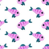 Seamless pattern with cute cartoon fish. Textured marine animals in flat style. Tile on white backdrop for childish print, wrapping, textile, background. Vector graphic design.