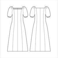 De las mujeres midi vestido. vestir técnico Moda ilustración. plano vestir vestir modelo frente y atrás, blanco color. De las mujeres canalla Bosquejo. vector