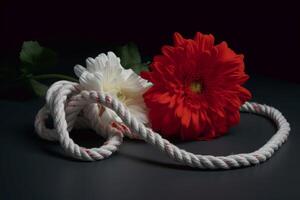 AI generated Red chrysanthemum flower white rope on black table. Generate Ai photo