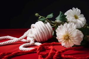 AI generated White chrysanthemum flower red rope on dark. Generate Ai photo