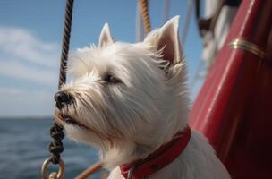 ai generado pequeño mascota perro con rojo collar en barco. generar ai foto