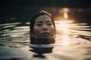ai generado hermosa chino mujer flotante agua. generar ai foto
