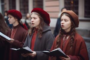 ai generado niños muchachas canto tradicional canciones generar ai foto