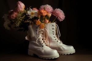AI generated Pair white boots flowers inside. Generate AI photo