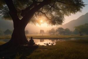 ai generado amanecer Mañana meditador debajo árbol cerca lago. generar ai foto