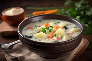 AI generated White potato soup bowl tasty creamy. Generate Ai photo