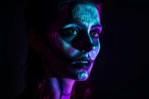 AI generated Woman scary night makeup studio light. Generate Ai photo