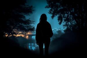AI generated Woman walking alone at night near bridge. Generate Ai photo