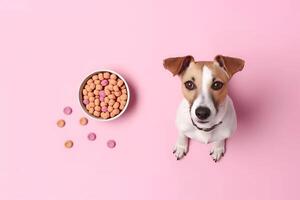 AI generated Cute dog looking into camera next to feeding dish. Generate ai photo