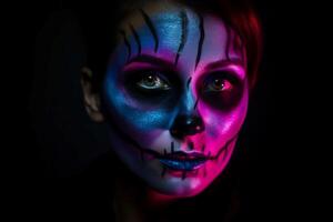 AI generated Woman scary night makeup colorful neon. Generate Ai photo