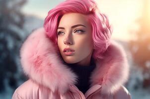 AI generated Cute woman with pink hair wintertime portrait. Generate ai photo