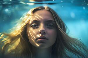 AI generated Cute blonde girl underwater. Generate ai photo