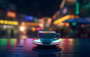 AI generated Coffee cup on table on evening illuminated street. Generate ai photo