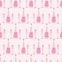 Seamless pattern with bottle of champagne and glasses. Hand drawn flat vector illustration on pink background. Great for celebration, party and birthday themes