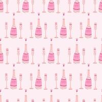 Seamless pattern with bottle of champagne and glasses. Hand drawn flat vector illustration on pink background. Great for celebration, party and birthday themes