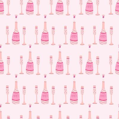Seamless pattern with bottle of champagne and glasses. Hand drawn flat vector illustration on pink background. Great for celebration, party and birthday themes