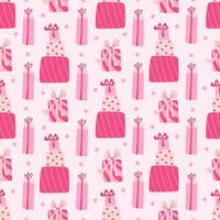 Seamless pattern with birthday present or gift boxes decorated with ribbon bow. Hand drawn flat vector illustration on pink background. Great for celebration, party and birthday theme
